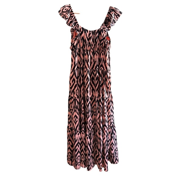 English Factory Womens XS Ikat Maxi Dress Orange Black Tiered Ruffle Sleeve - Picture 7 of 15